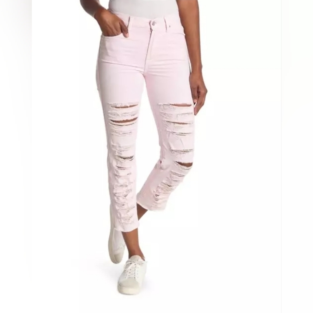 7 for All Mankind High Waist Cropped Straight Jeans Shredded SZ 28